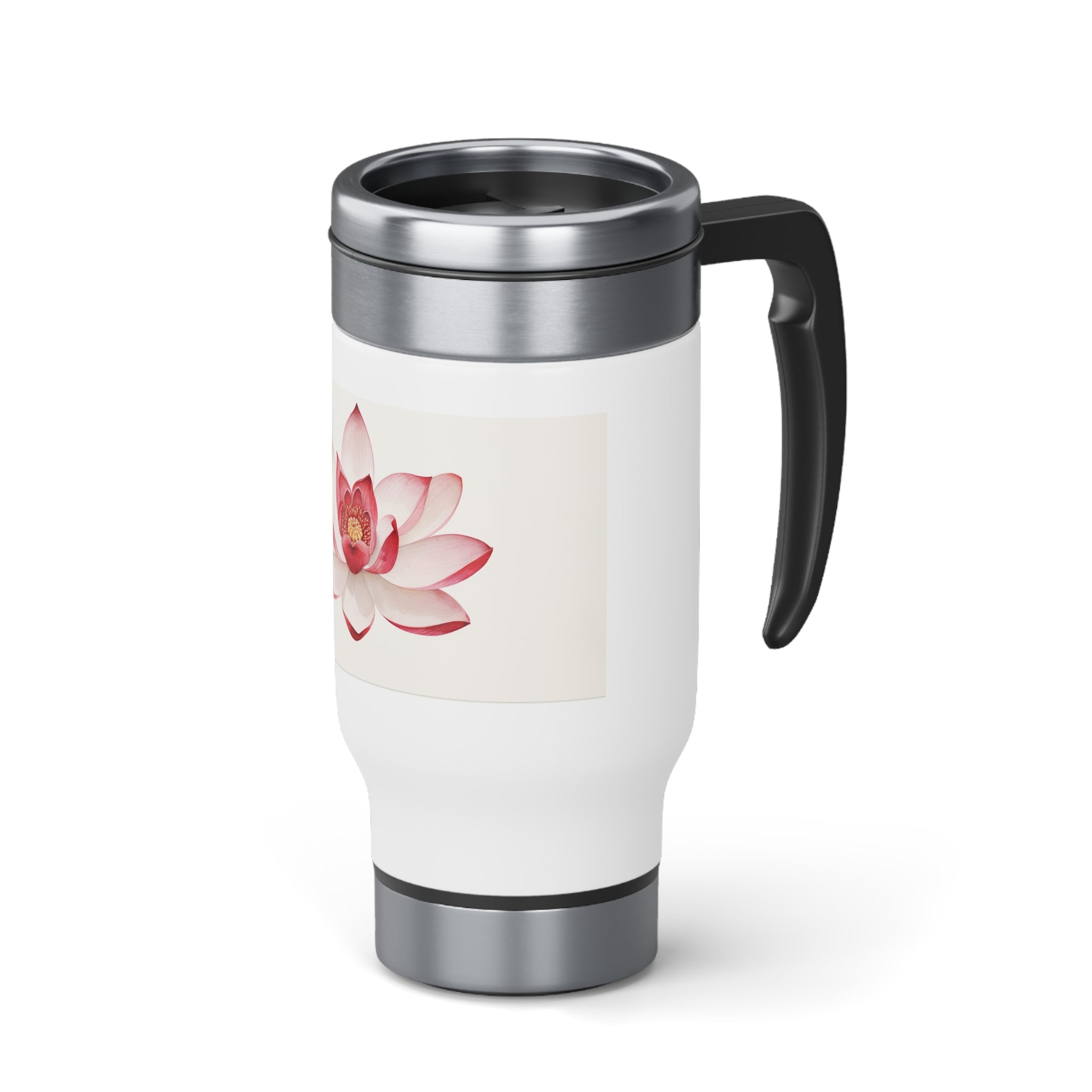 Stainless Steel Travel Mug with Handle, 14oz - Red Lotus, Watercolor