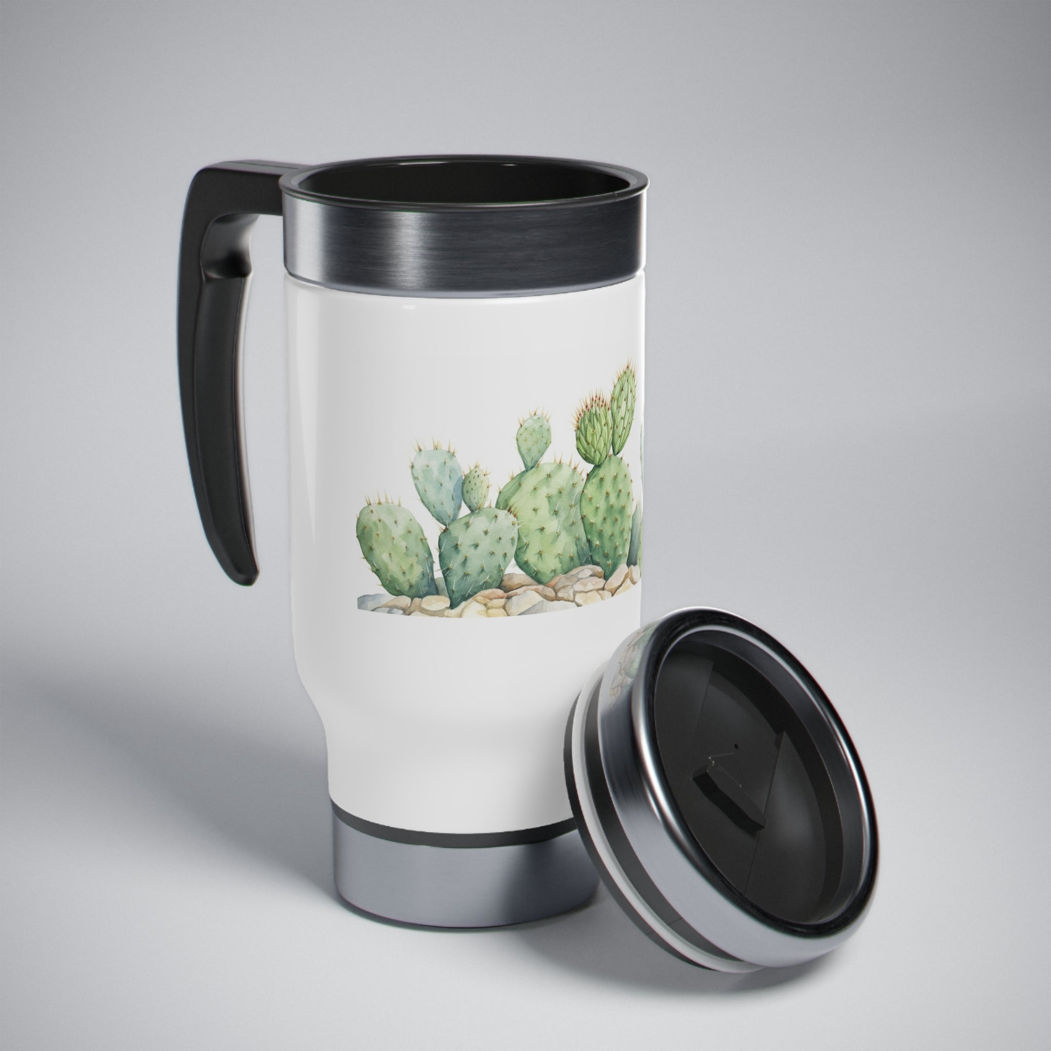 Stainless Steel Travel Mug with Handle, 14oz - Cactus, Watercolor