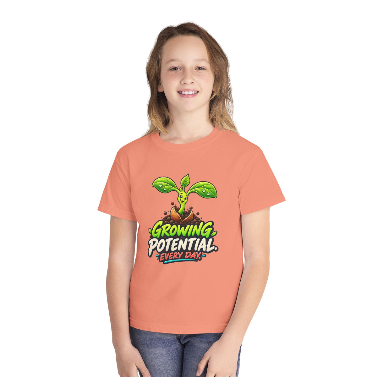 Growing Seedling, a Science design, on a youth midweight cotton tee