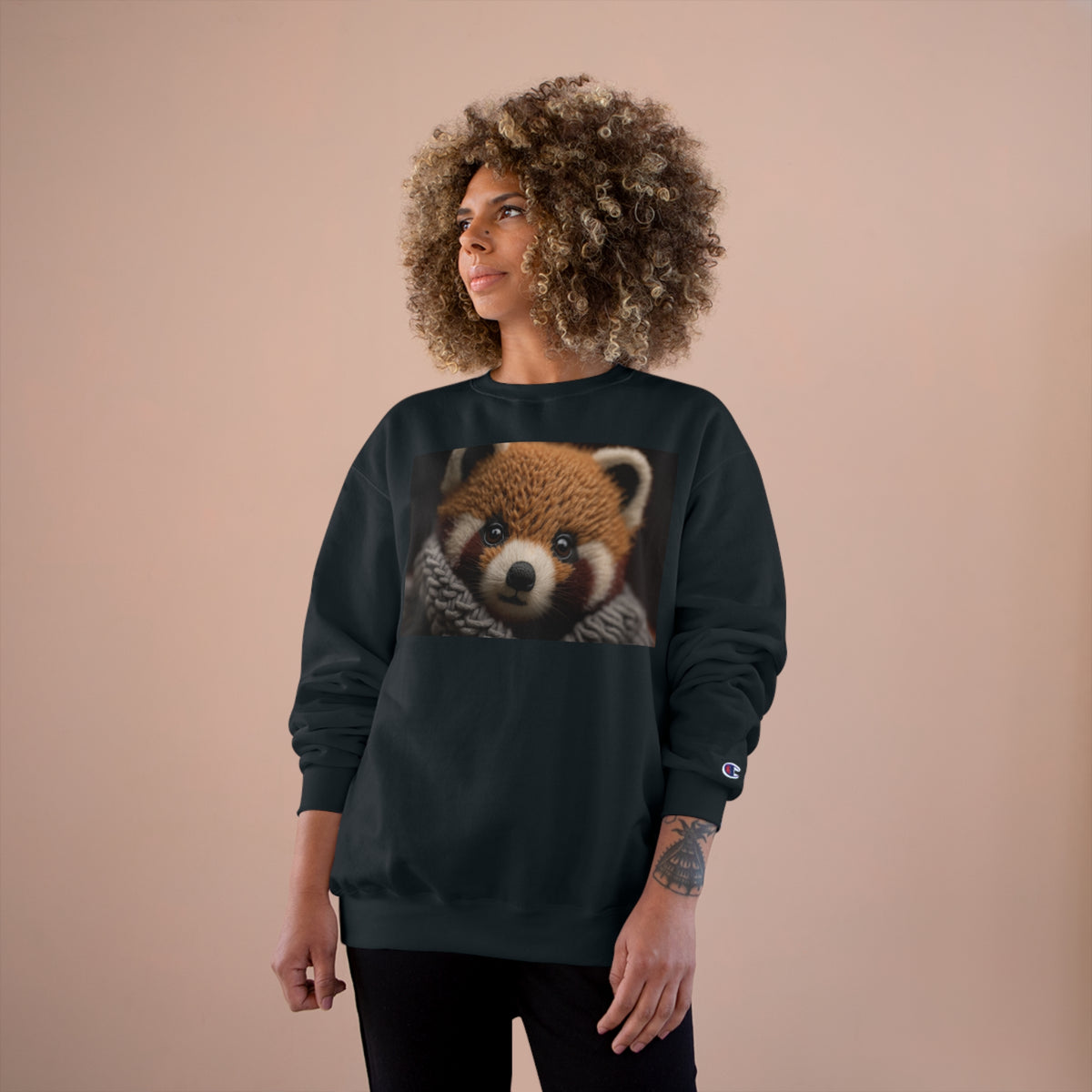 Knit Animals, Red Panda Cub design printed on a champion sweatshirt