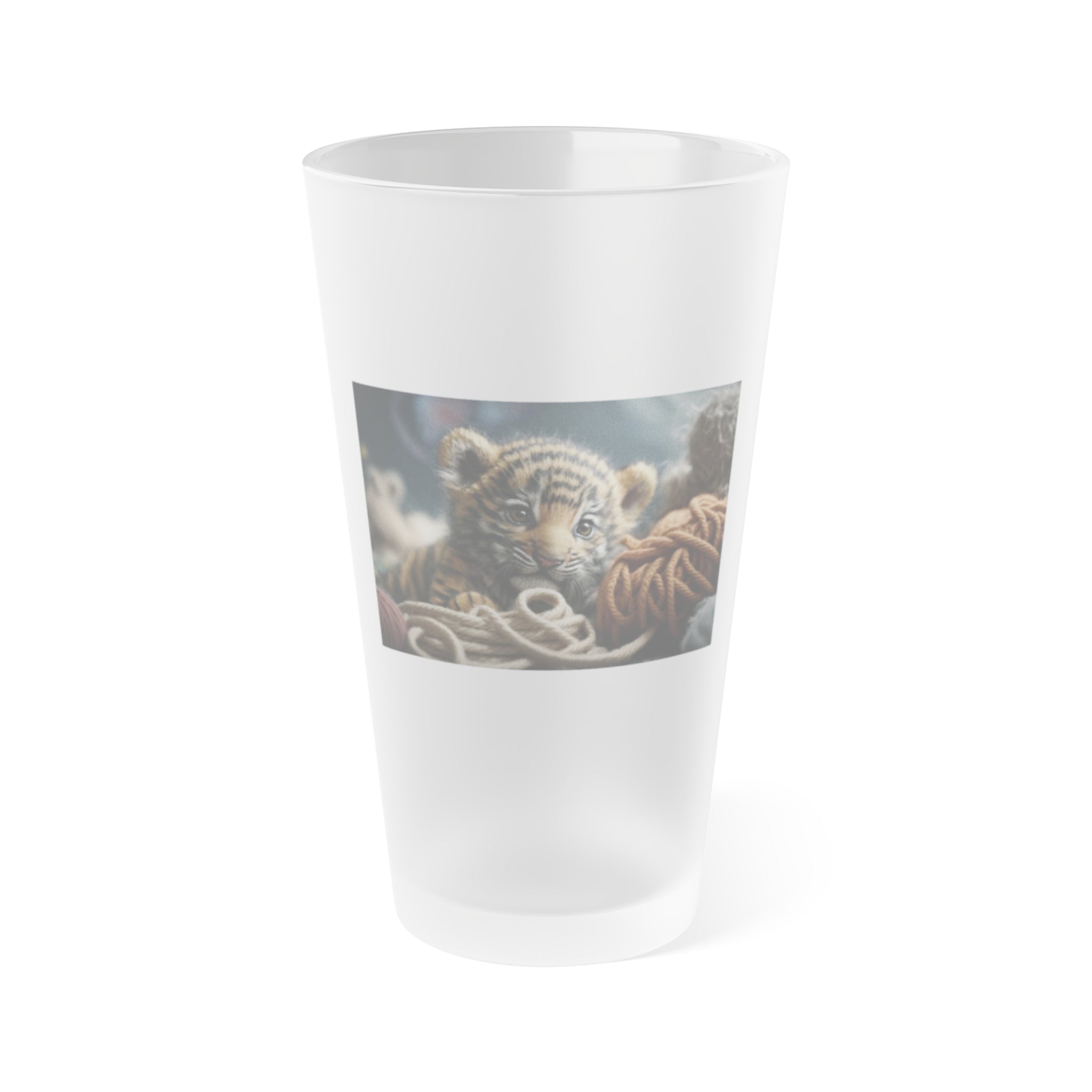 Frosted Pint Glass, 16oz - Animal Knit Arts, Tiger cub