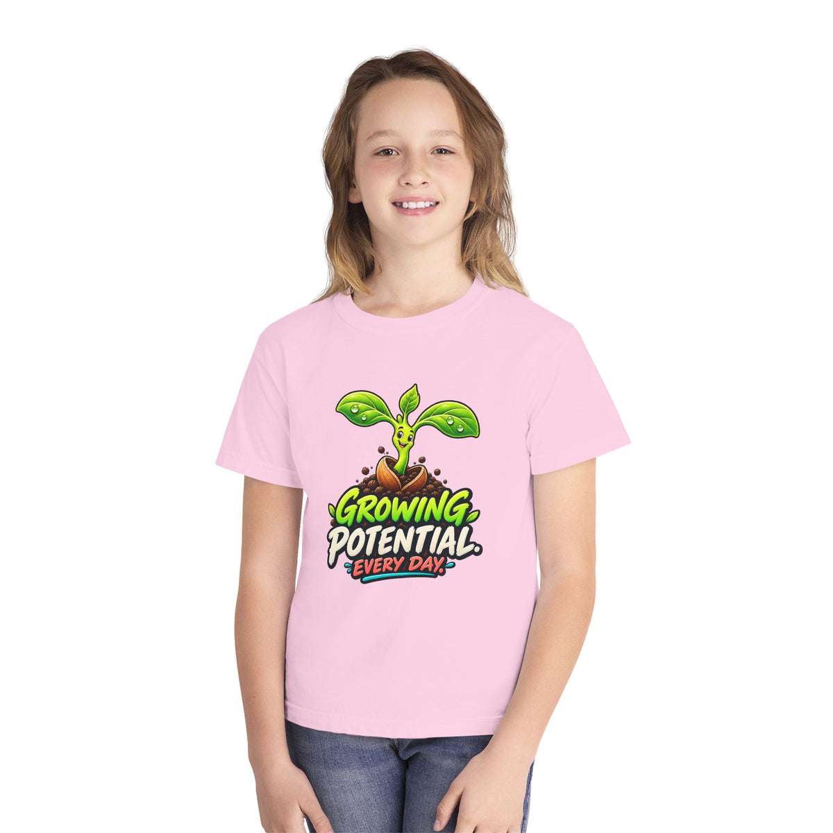 Growing Seedling, a Science design, on a youth midweight cotton tee