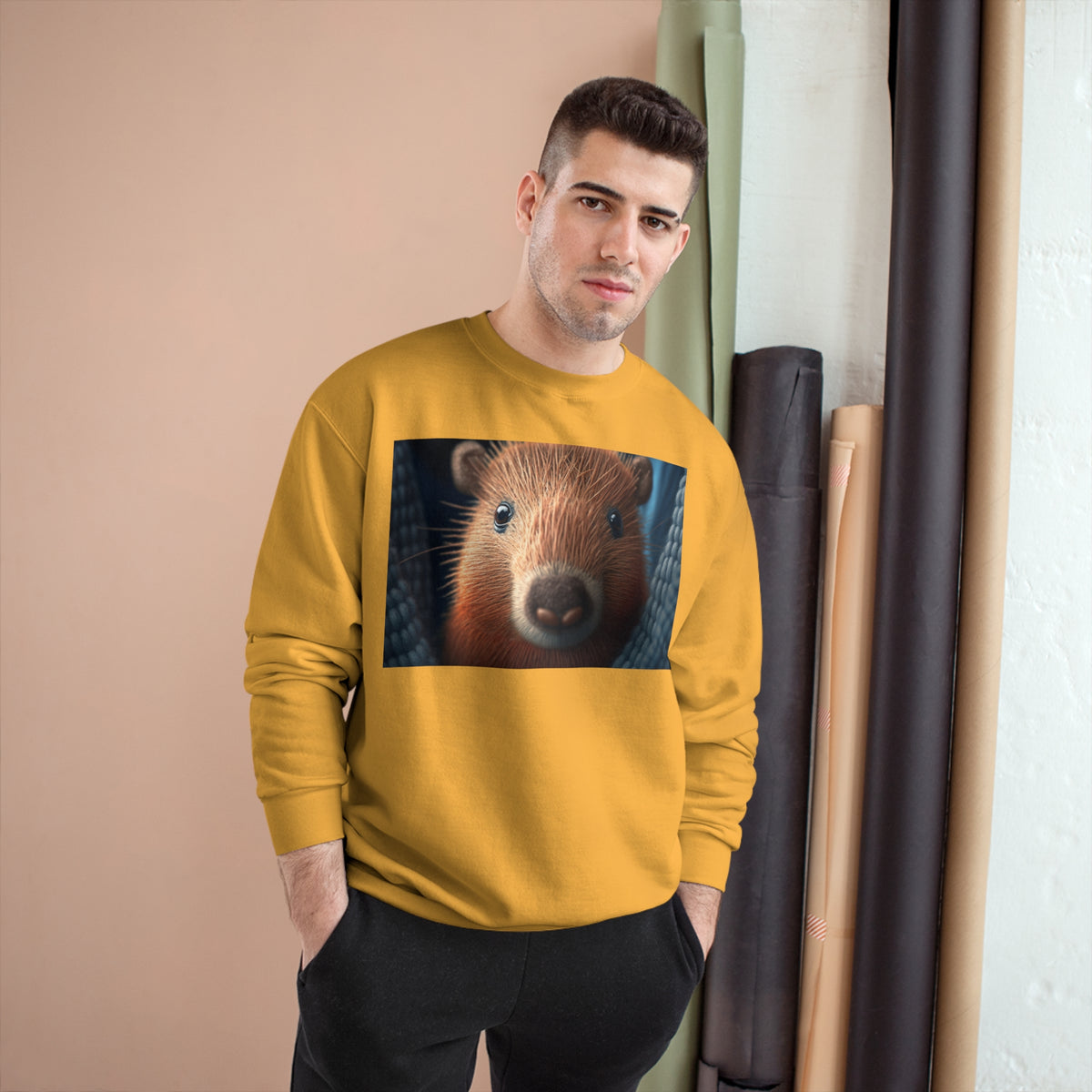 Knit Animals, Capybara Pup design printed on a champion sweatshirt