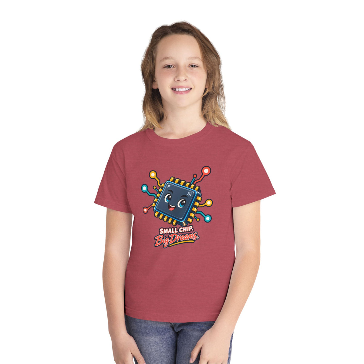 Small Chip, Big Dreams, a Science design, on a youth midweight cotton tee