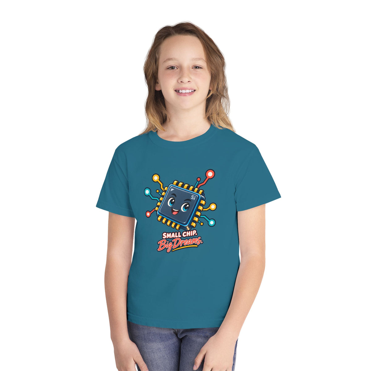 Small Chip, Big Dreams, a Science design, on a youth midweight cotton tee