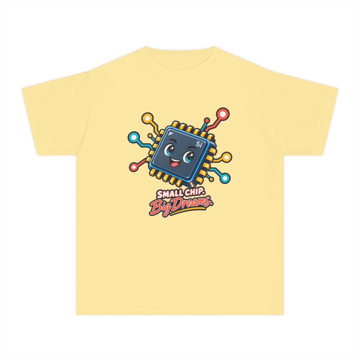 Small Chip, Big Dreams, a Science design, on a youth midweight cotton tee