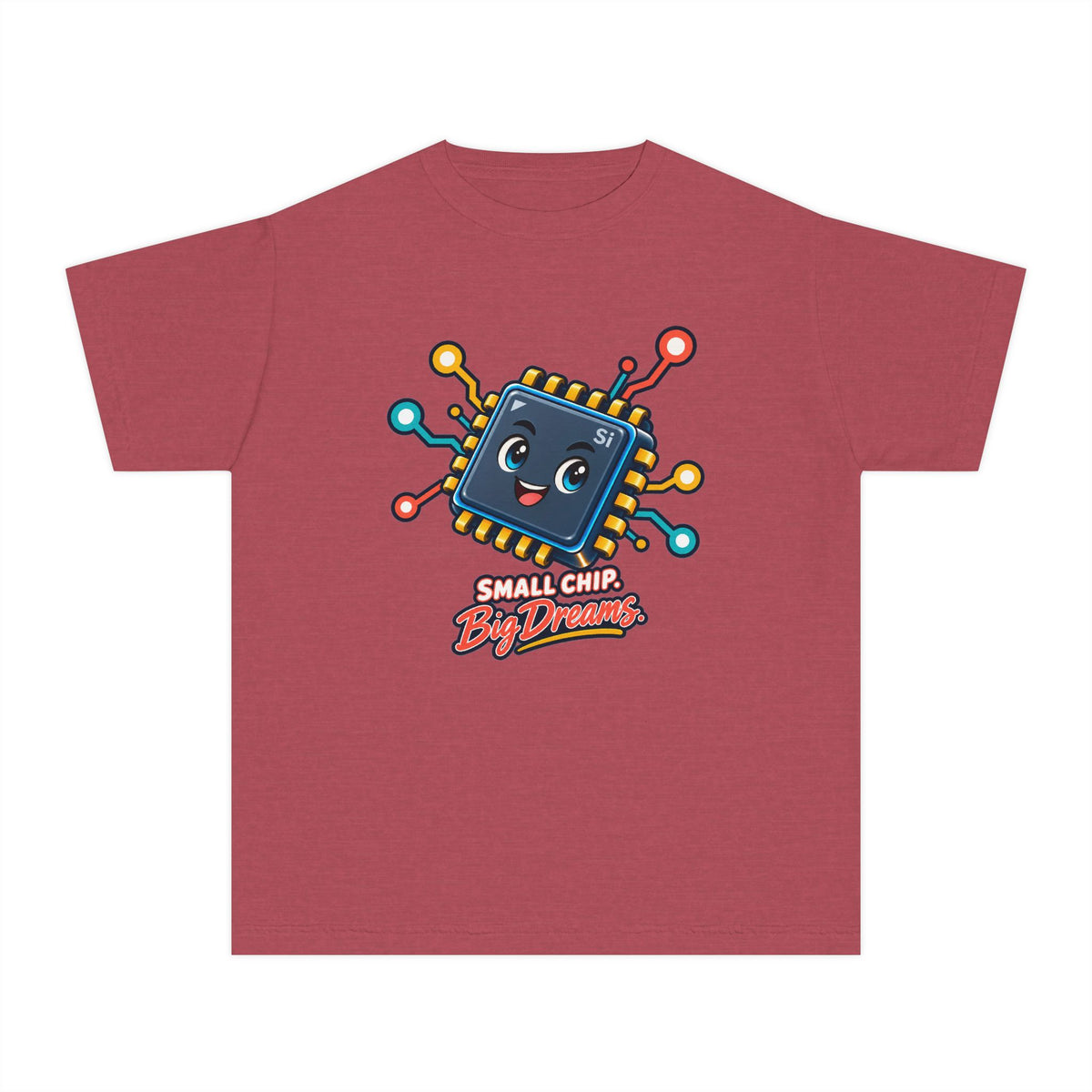 Small Chip, Big Dreams, a Science design, on a youth midweight cotton tee