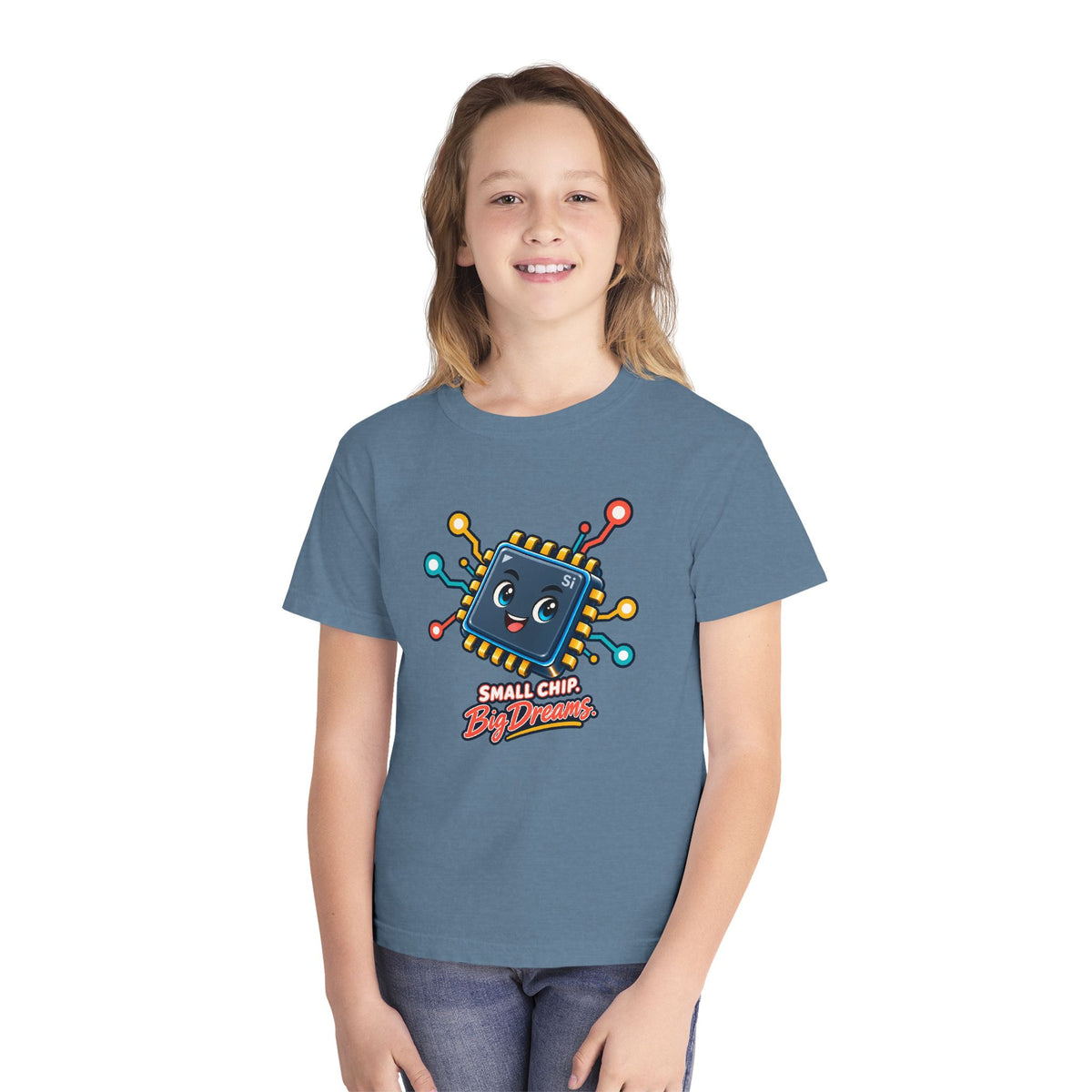Small Chip, Big Dreams, a Science design, on a youth midweight cotton tee